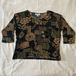 Black with Green and Tan Patterns 3/4 sleeve Shirt